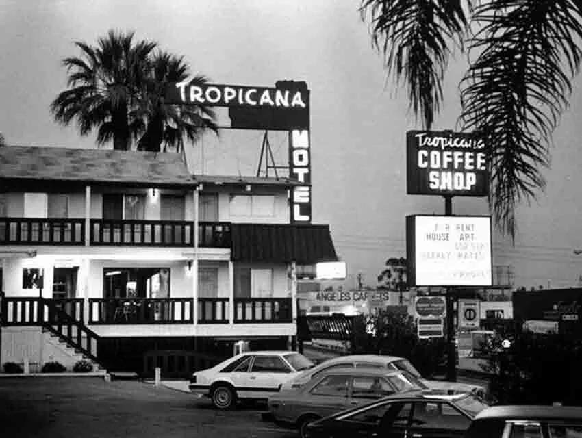 "We moved into the Tropicana Motor Hotel on Santa Monica Blvd while we worked on the movie. It was cheaper than the Sunset Marquis, where we usually stayed. We spent a lot of time at the pool. Tom Waits had a room at the Tropicana when we got there. We all talked to him, and he was a nice guy. They tore the place down in 1985. Now it's a Ramada." - Johnny Ramone, from his book Commando.