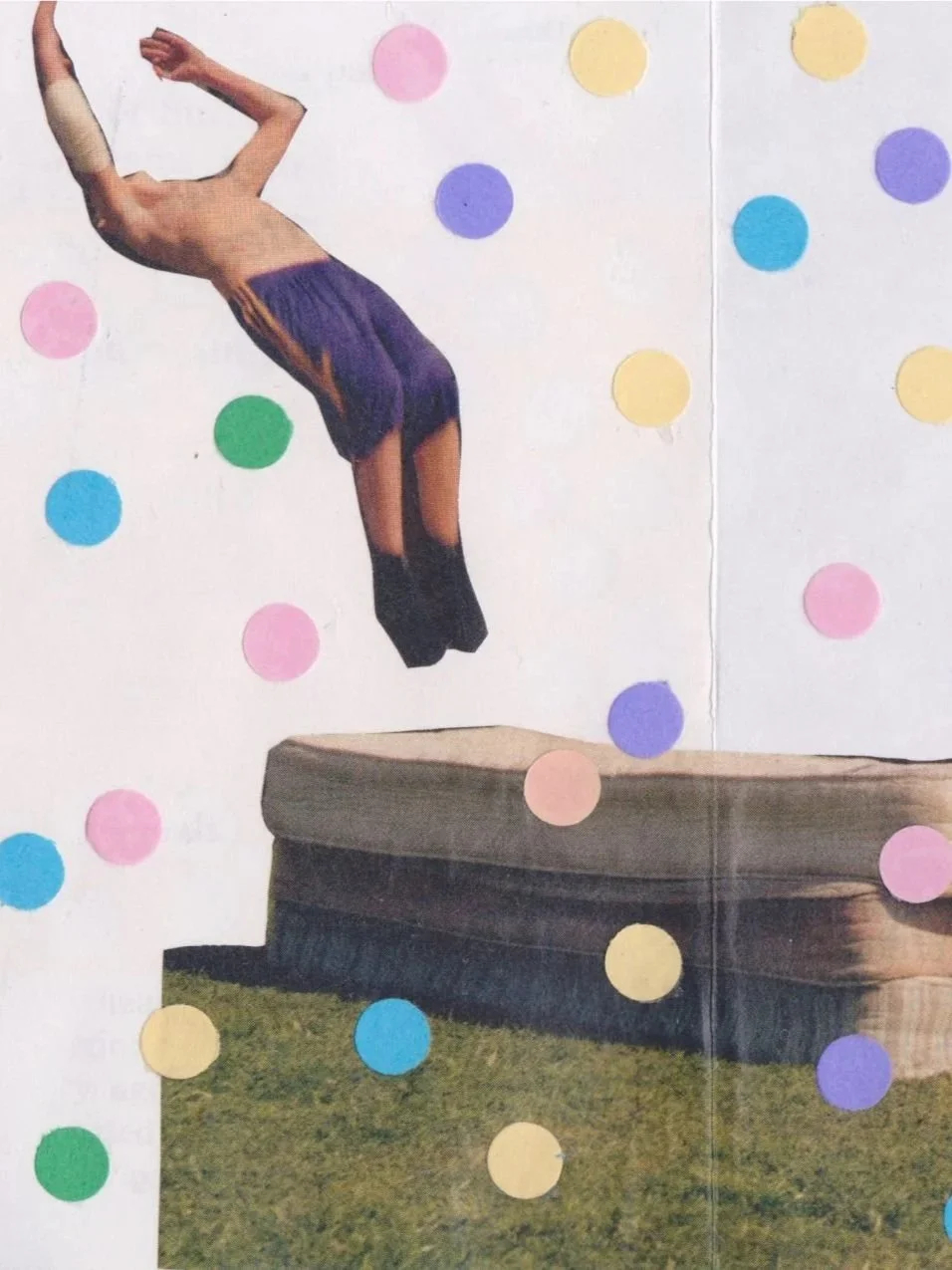 A collage of a person mid-air performing a backflip above a mattress laid out on the lawn, with colourful polka dots over the image.