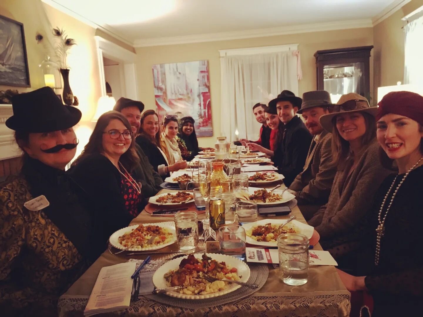 Murder Mystery Dinner and Adventure!
.
.
We got to the bottom of the Casablanca 1940&rsquo;s murder mystery&hellip; it&rsquo;s always the quiet ones! 😂
Dinner consisted of a roasted red pepper soup with a coconut ginger crema/ Moroccan chicken Tagin