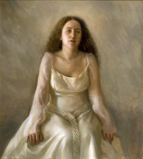 "The Bride" I have titled this painting Ophelia, The Bride or Annunciation, but it really could bear many titles. I don’t intellectualize my paintings while I work on them. I choose my subjects intuitively. Titles are slow in coming because I try not to anticipate where a painting will take me. A young woman is seated alone in her wedding dress in an undefined space that can be past, present, or future- all of which tumble about in her mind. It is an iconographic moment. Anna, as The Bride, represents to me those times of struggle between the ideal and the real. She could be Mother Earth (Gaia), a struggling nation, or Mary at the Annunciation. It is the moment when we recognize the real has supplanted the ideal, when the real subverts all imagined ideals. The painting measures 40x36 and is oil on linen canvas. Being sold in its current pictured frame or in an alternative. Inquire for delivery/shipping options. Inquire for price