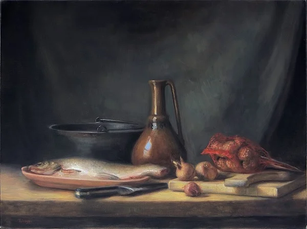 "Fish and Shallots" "Fish and Shallots" is a rich, traditional still life. It has a strong Dutch painting vibe to it. This painting is an original oil on linen. In the frame it measures: 30h x 36w. Expert packing and shipping available. Please inquire for international shipping options. $4,000 (please message me to ask questions or arrange purchase)
