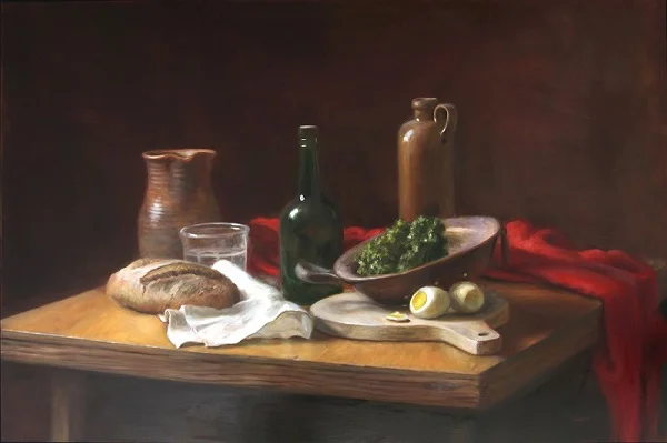 "La Tavola" "La Tavola" is Italian for "The Table". This painting uses some pieces of antique kitchenware given to me by some friends in Douglas, MI, as well as a green glass bottle from my painter/bottle collector grandpa. It's a masterful piece that can handle a large wall. This painting is an original oil on wood panel. In the frame it measures: 31h x 43w. Expert packing and shipping available. Please inquire for international shipping options. $4,600 (please message me to ask questions or arrange purchase)