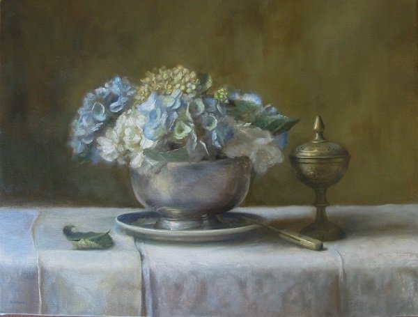 “Blue Hydrangeas” 18x24 oil on linen, Private Collection