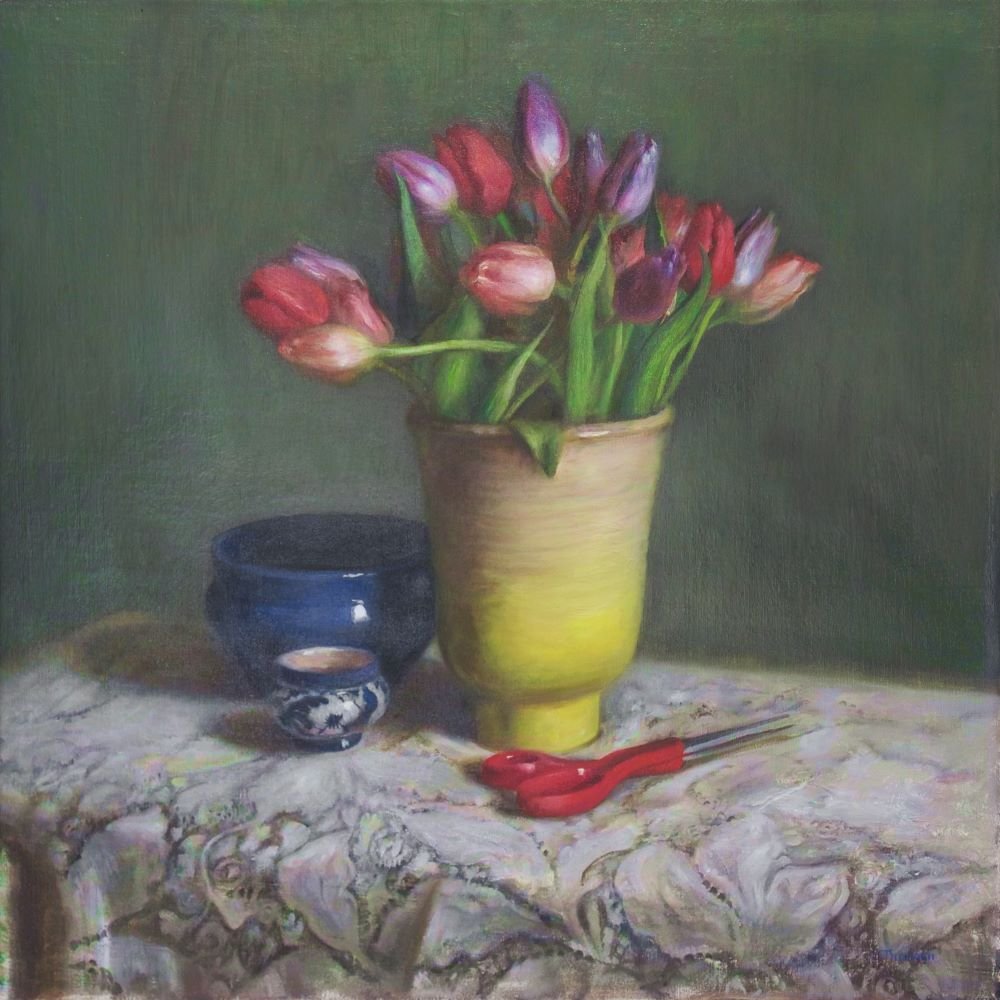 Tulips with a A Blue Bowl and Red Scissors, oil on linen on panel, Private Collection