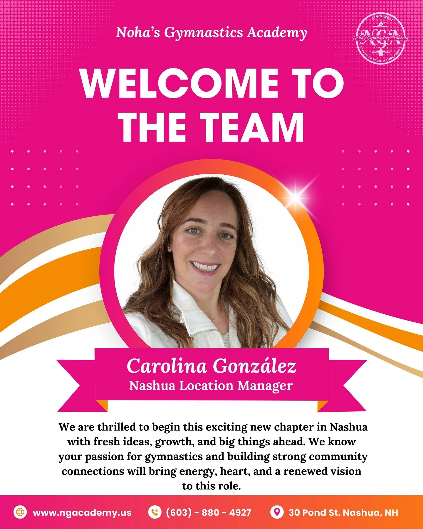 ✨ BIG NEWS, NASHUA ✨

Please join us in welcoming

CAROLINA GONZALEZ

Nashua Location Manager

Carolina&rsquo;s journey in gymnastics began in Spain and later continued as a proud gymnastics mom, watching her own children grow in confidence, discipli