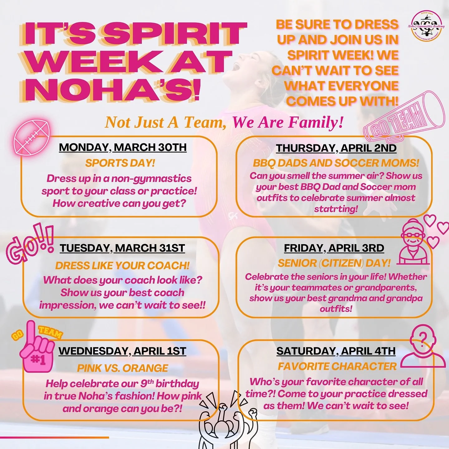IT&rsquo;S OUR BIRTHDAY WEEK!!! 🥳🎂🎈

We&rsquo;re celebrating 9 AMAZING YEARS of Noha&rsquo;s Gymnastics Academy the best way we know how&hellip; SPIRIT WEEK ALL WEEK LONG!! 🔥📣

From themed days to tons of fun, we want to see ALL of our athletes 