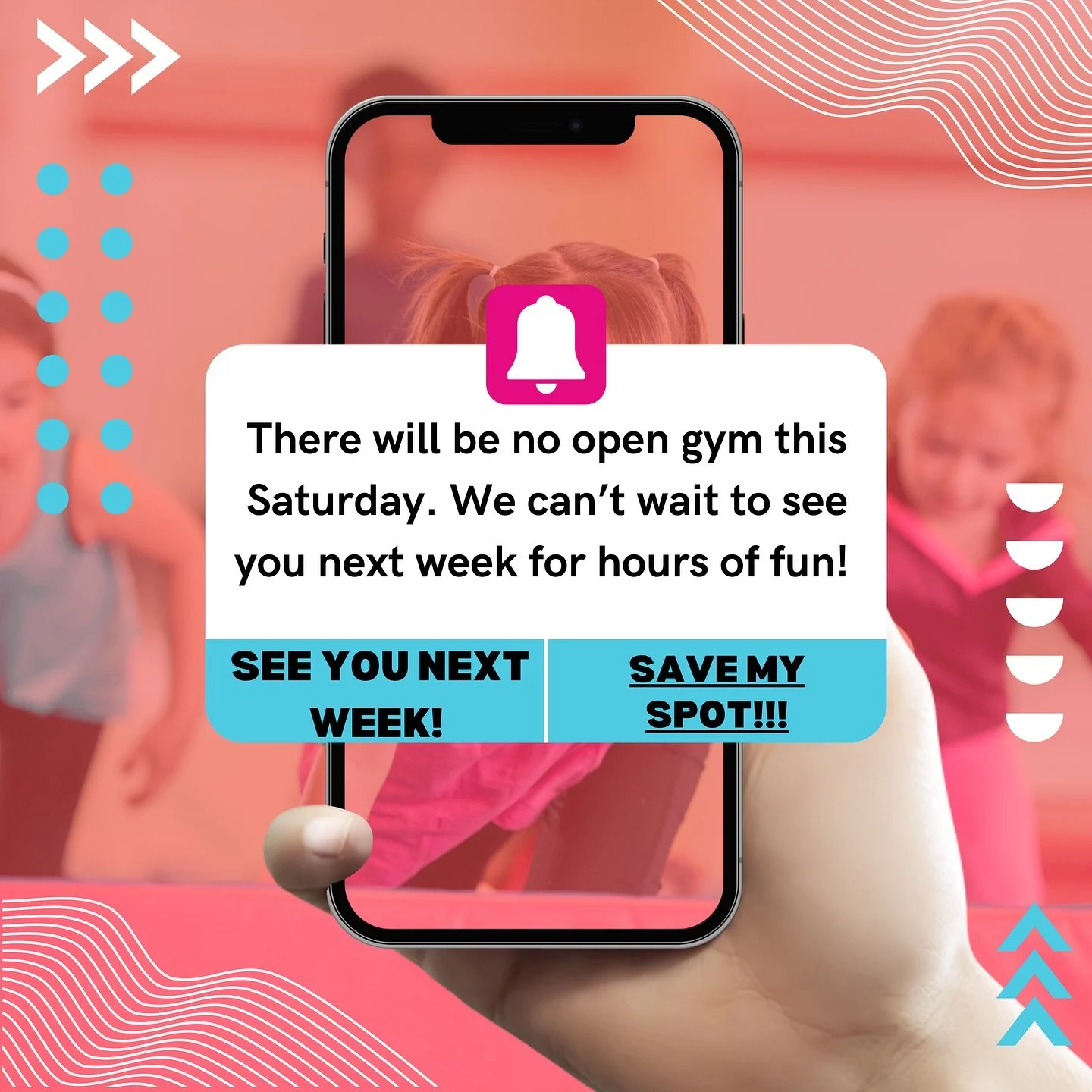 Hello family and friends! 👋🏼 

There will be no open gym this Saturday, April 4th. While we are sad that we won&rsquo;t see you all this week, we are so excited to have the best time with you again next week!! 🥳🎉 Be sure to go sign up!! ✍🏻 

We&