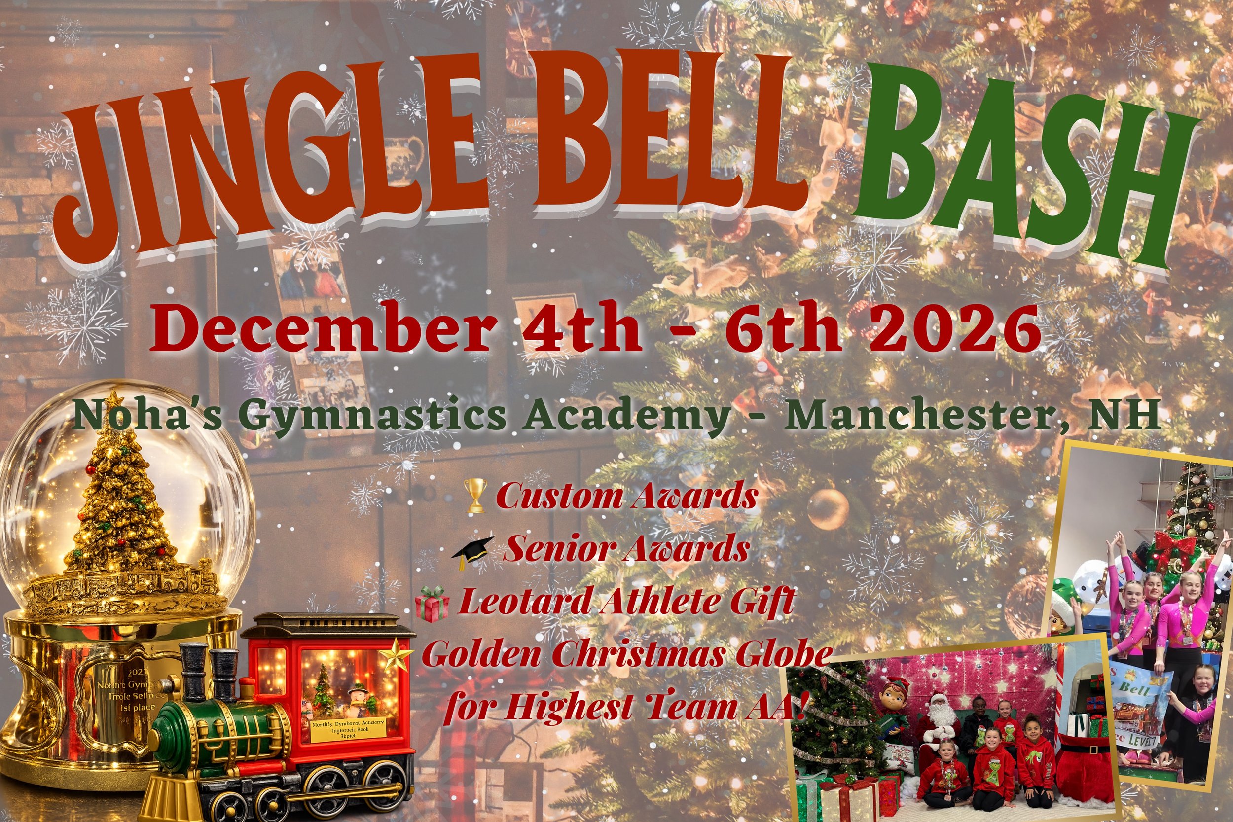 🎄 Jingle Bell Bash 🎄

🎅🏼✨ It&rsquo;s the most magical meet of the season!

Join us at Jingle Bell Bash for a festive weekend full of gymnastics, Christmas spirit, unforgettable memories, and some of the MOST exciting awards of the year ❤️🎄

🎁 L