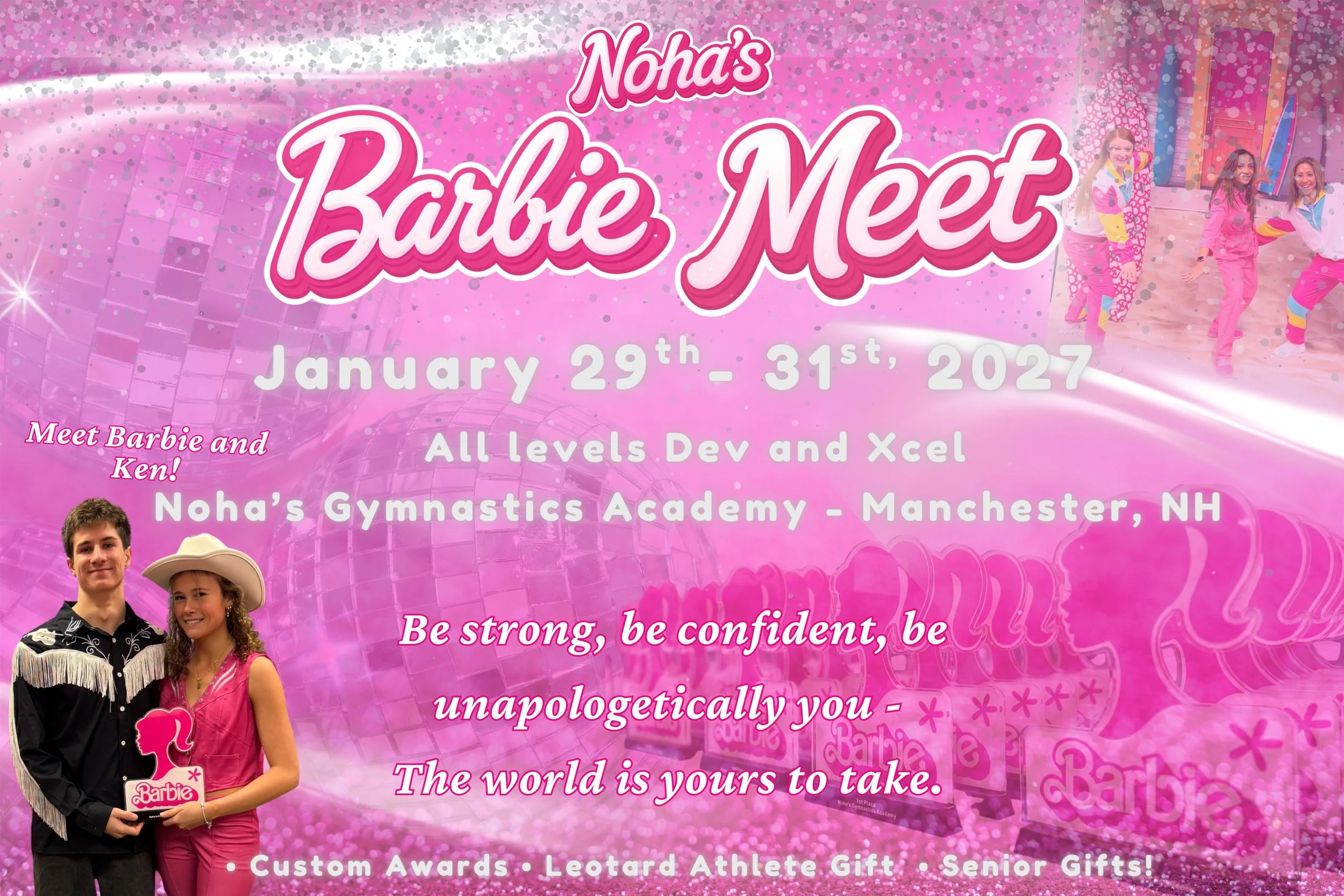 🎀🩵 Barbie Meet 🩵🎀

✨ Come on Barbie, let&rsquo;s go compete! 🛼🏄🏼&zwj;♀️
 Join us for a weekend full of gymnastics, pink sparkle, custom awards, leotard gifts, and ALL the Barbie vibes at Noha&rsquo;s Barbie Meet!💖

🩵 Custom Awards 💖 Leotard