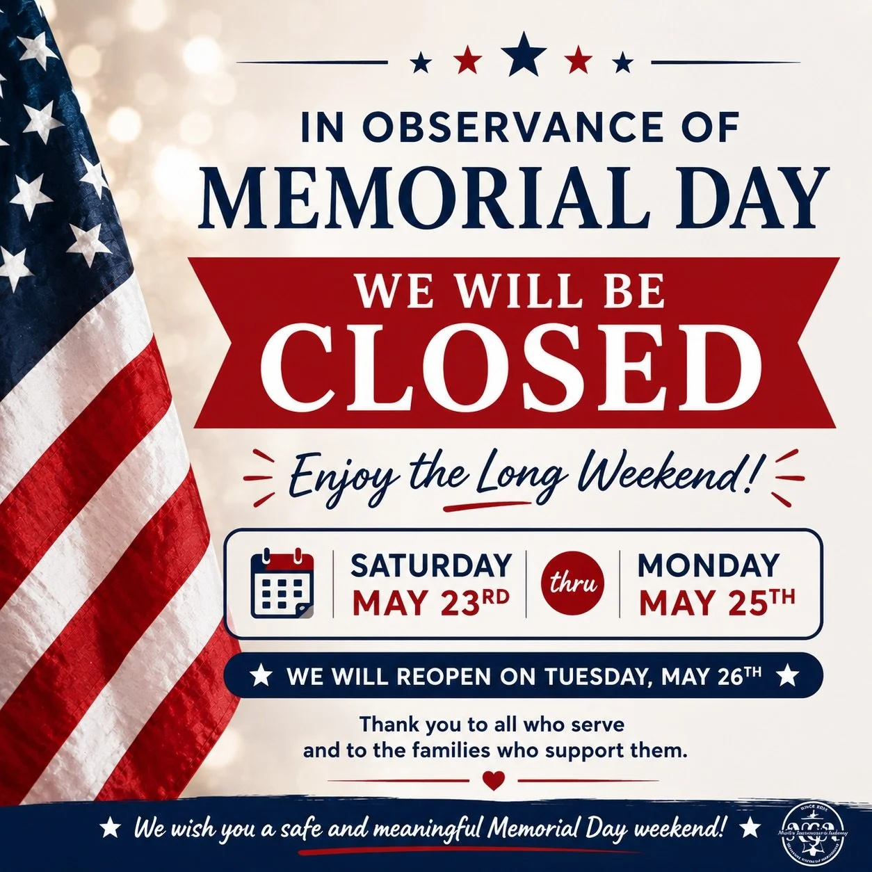 Wishing all families a very happy Memorial Day weekend! 🇺🇸❤️

As a reminder, Noha&rsquo;s Gymnastics Academy - Manchester and Nashua will be closed from Saturday, May 23rd to Monday, May 25th in observance of Memorial Day.

Have a great and safe we