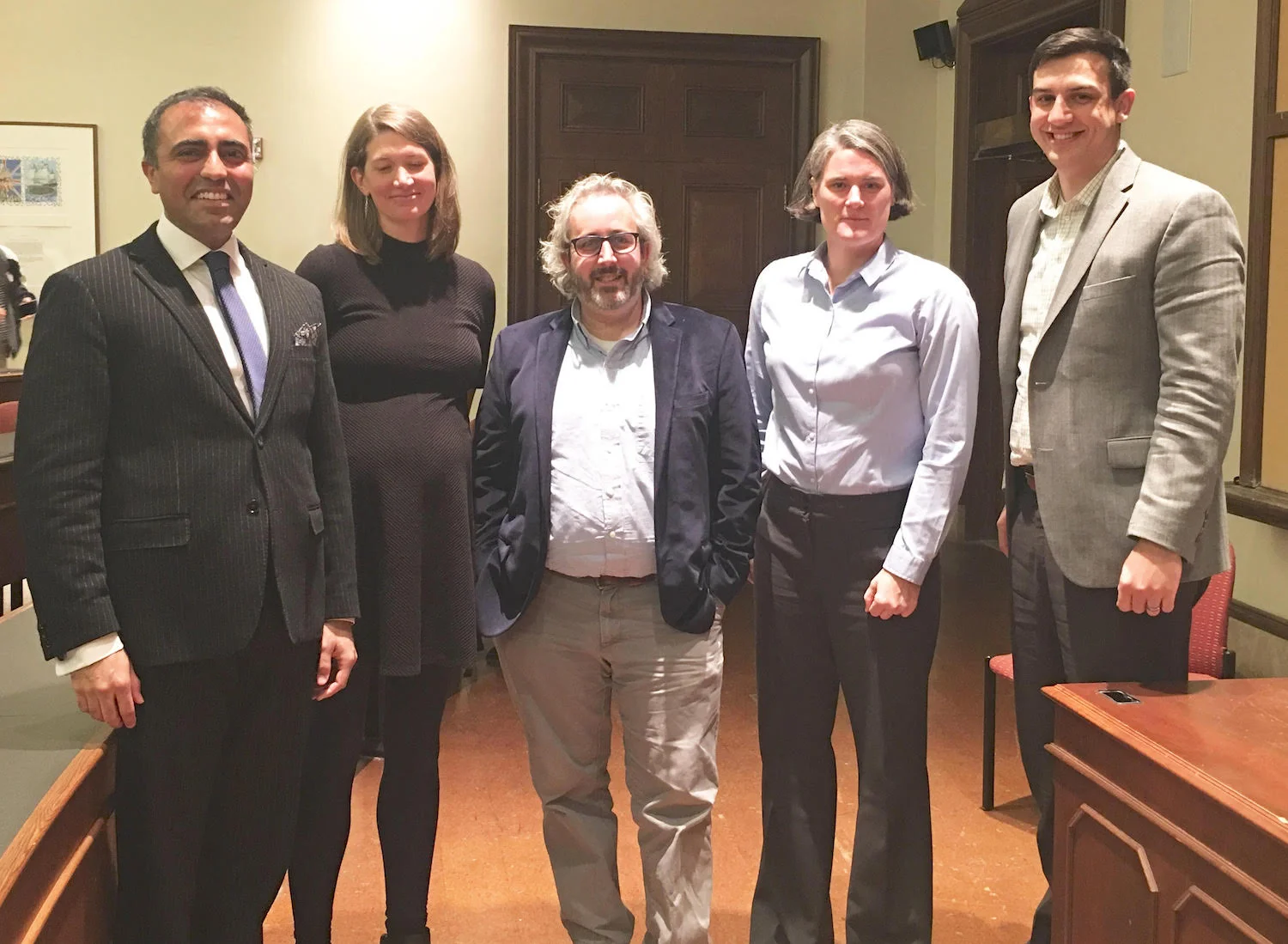 Inder Comar (left) gives the keynote address at a panel with Professors Andrea Armstrong (Environmental Studies and Science), Benjamin Cohen (Engineering), Kira Lawrence (Geology) and Andrew Clarke (Government and Law). The full keynote address is below.