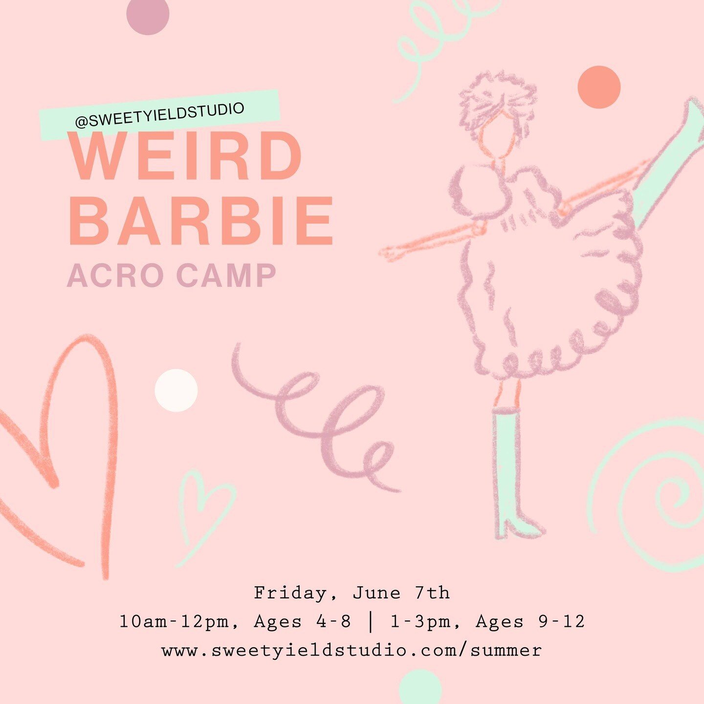 🎀👩🏻&zwj;🎤💖 Join us this summer for Weird Barbie Acro Camp! ⁠
⁠
Flip into the whimsical world of Weird Barbie with our one-day Weird Barbie Dance Camp! This acro camp is a playful adventure into creativity and physical agility, inspired by the qu