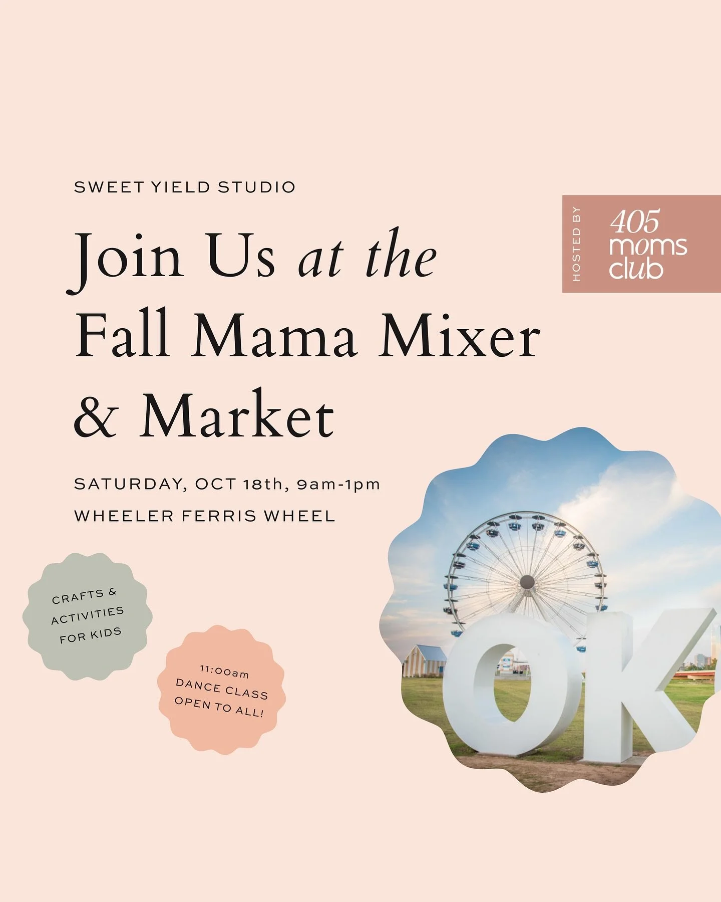 We&rsquo;re headed to @wheelerwheelokc with @405momsclub for their Fall Mama Mixer &amp; Market on Saturday, October 18th! 🎡🍂 Swing by our tent to make fun fall crafts and enter to win sweet giveaways! Plus we are teaching a free dance class at 11: