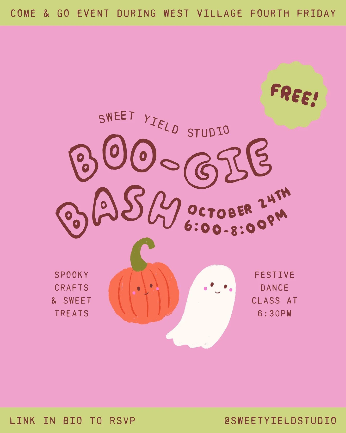 You're invited to Sweet Yield Studio's BOO-gie Bash during West Village Fourth Friday! 👻👯&zwj;♀️🎉⁠
⁠
Swing by the studio during this come-and-go event for spooky crafts, sweet treats, and a fun, festive 30min kids dance class! We will create ghost