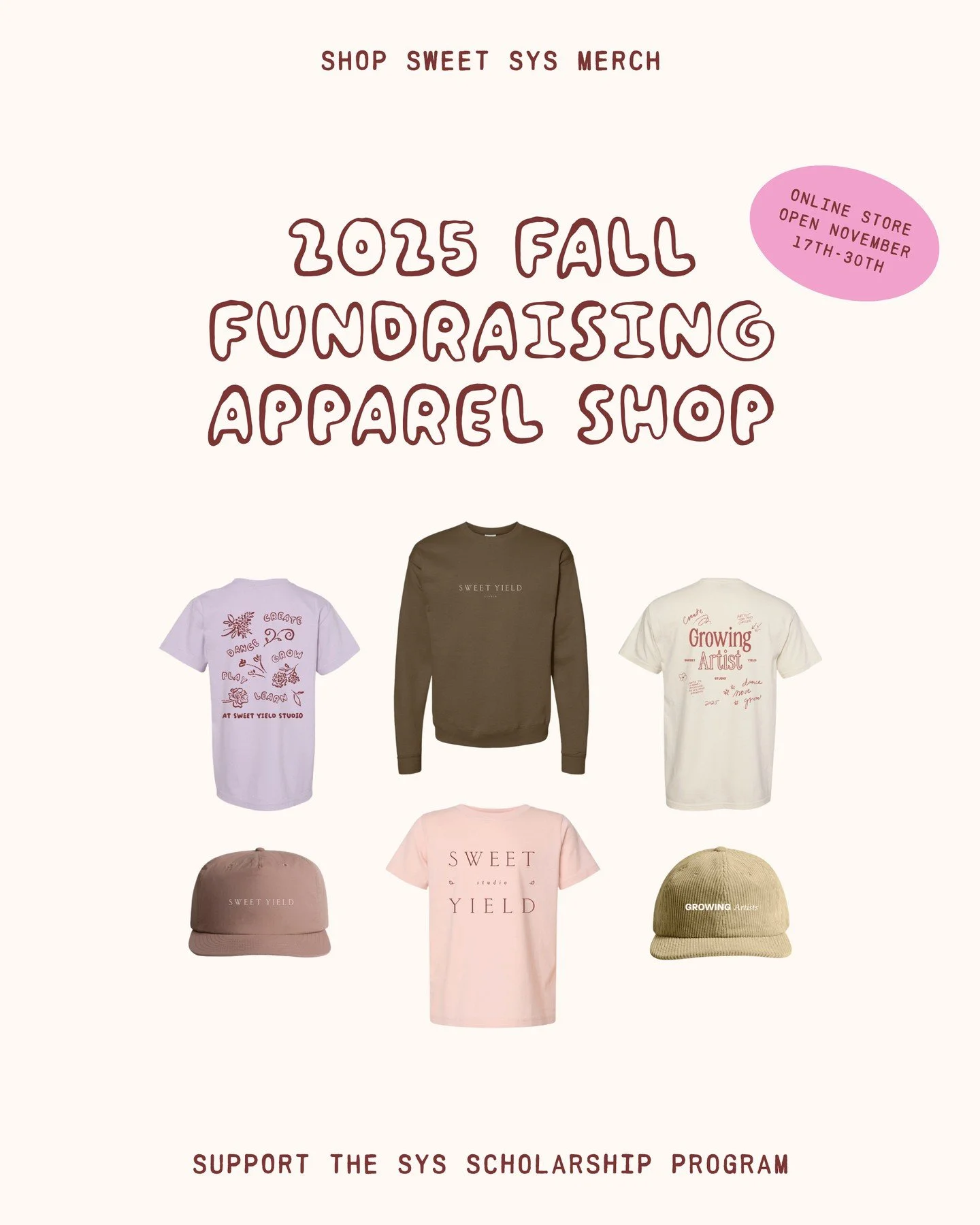 Our 2025 Fall Fundraising Apparel Shop is officially LIVE! 🌼⁠
⁠
This annual fundraiser nourishes a very special garden within our studio &mdash; the Sweet Yield Scholarship Program.⁠
⁠
Every purchase in this collection directly supports a dancer&rsq