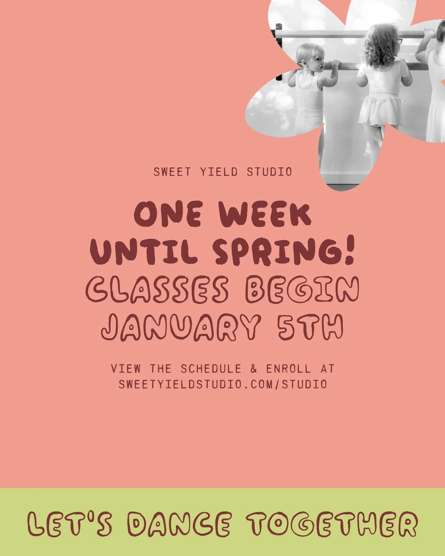 Let the countdown begin! Just ONE WEEK until our studio is filled with sweet dancers again! 🩰 🌱⁠
 ⁠
Whether you&rsquo;ve already found your favorite class or are still deciding, now is the perfect time to finalize your Spring plans. ⁠
 ⁠
We believe