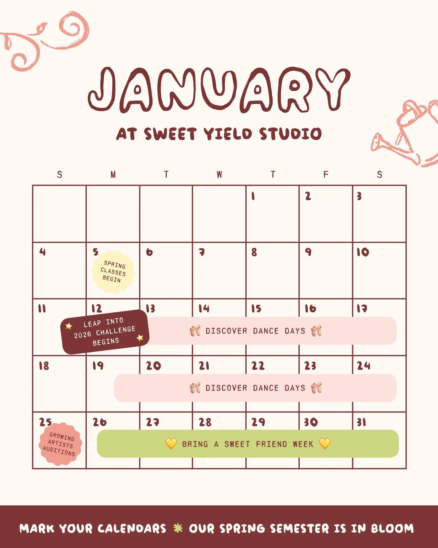January is blooming with excitement as we kick off 2026! ✨ Here&rsquo;s what&rsquo;s happening at the studio:⁠
⁠
🌸 January 5th-10th: First Week of Spring Classes⁠
🩰 January 12th-24th: Discover Dance Days | Free Trial Classes!⁠
⭐ January 12th-31st: 