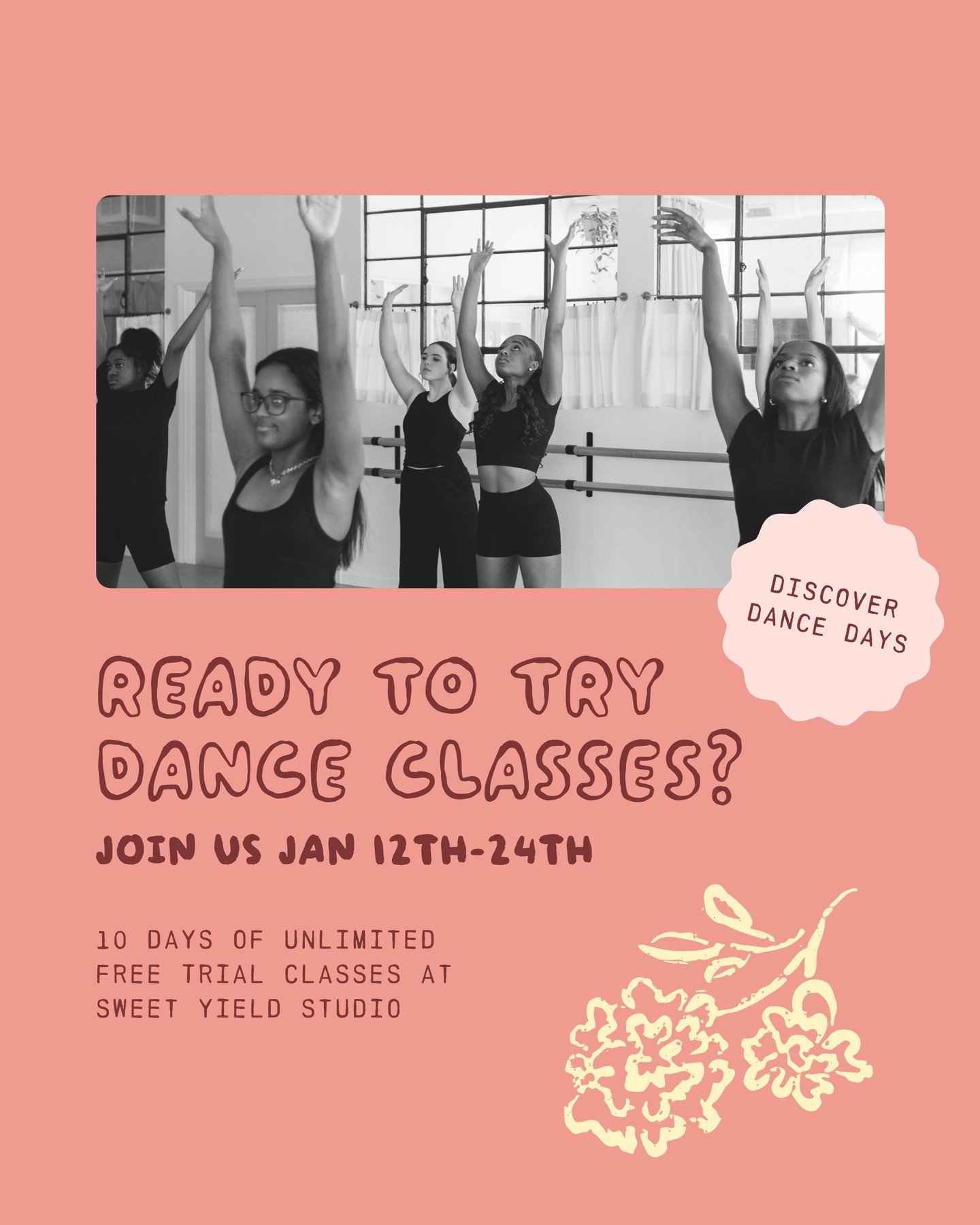 TODAY we are kicking off Discover Dance Days at Sweet Yield Studio! 🎉 If you have been thinking about dance classes, now is the perfect time to jump in- join us from January 12th-24th to trial new classes and find the right fit for your dancer! ⁠
⁠
