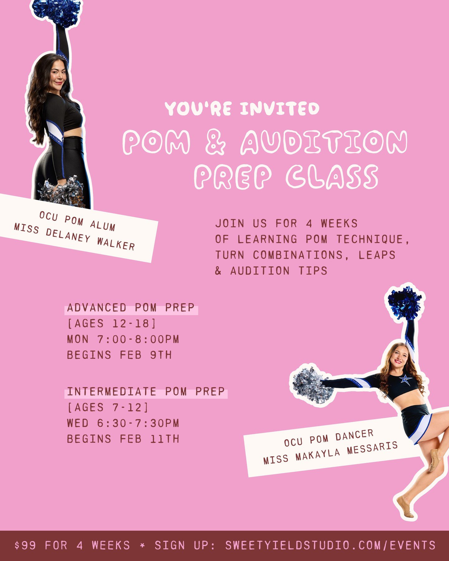 📣 Calling all dancers &amp; future pommies! Get ready to elevate your skills with our Pop &amp; Audition Prep Classes featuring OCU Pom Alum, Miss Delaney Walker, and current OCU Pom Dancer, Miss Makayla Messaris!⁠ ⁠
⁠
We're offering two training le