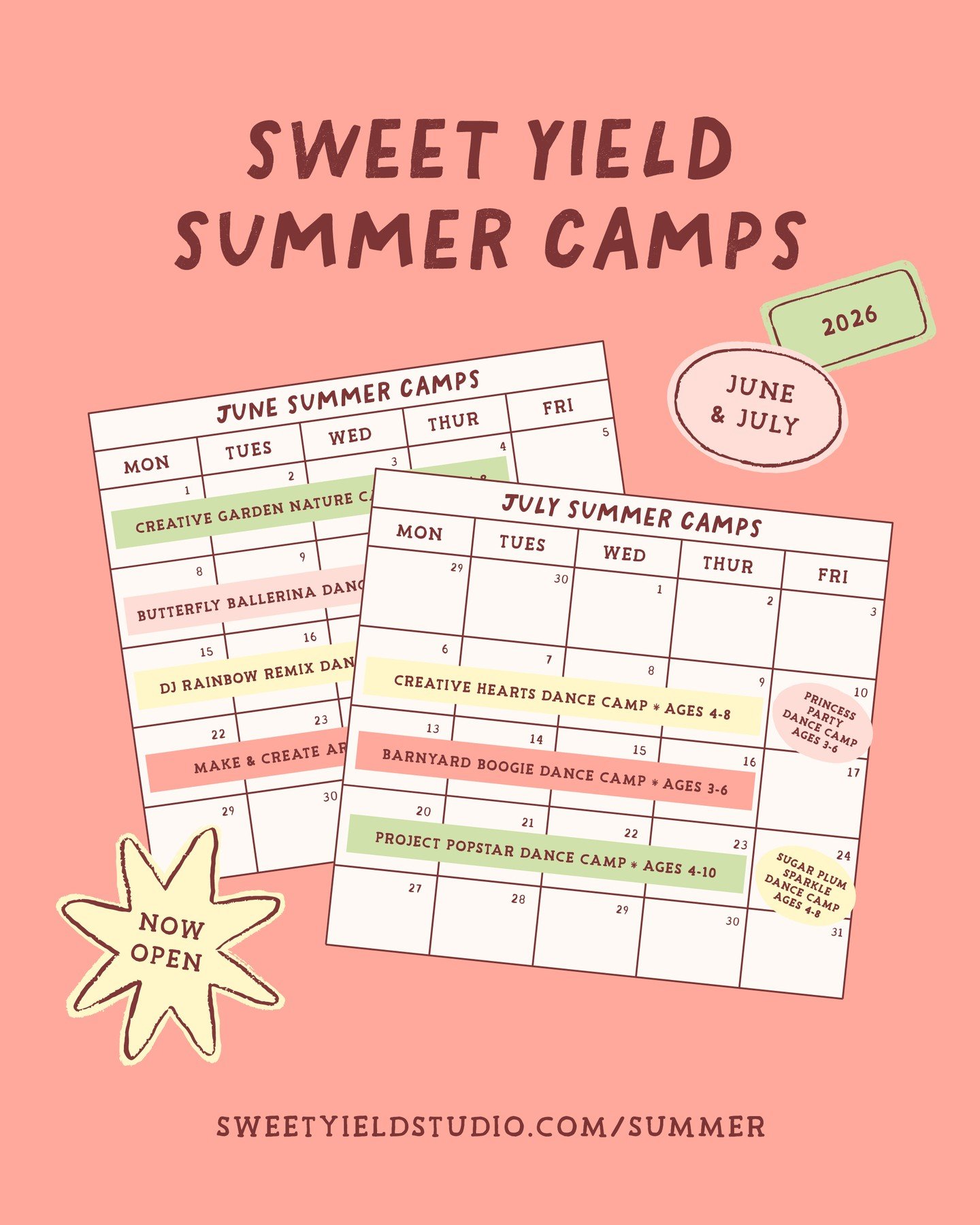 Open your calendars and plan ahead for the sweetest summer yet! 🤩 2026 Summer Camps are OPEN for registration!⁠
⁠
🎨 Art Camps⁠
🩰 Dance Camps⁠
🌸 Nature Camps⁠
✨ One-Day Camps⁠
⁠
🗓️ Register early to secure your spot and capture $15 off every camp