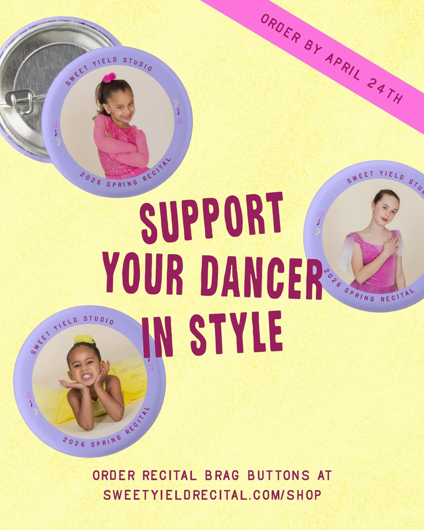 Get your BRAG ON! 🤩🎶💗 We&rsquo;ve partnered with Miss Sami @the_professional_enthusiast to add a little extra recital magic to your world this Spring Recital!⁠
⁠
Bringing back a fan favorite: Brag Buttons! ✨ Choose a Recital Picture Week photo OR 