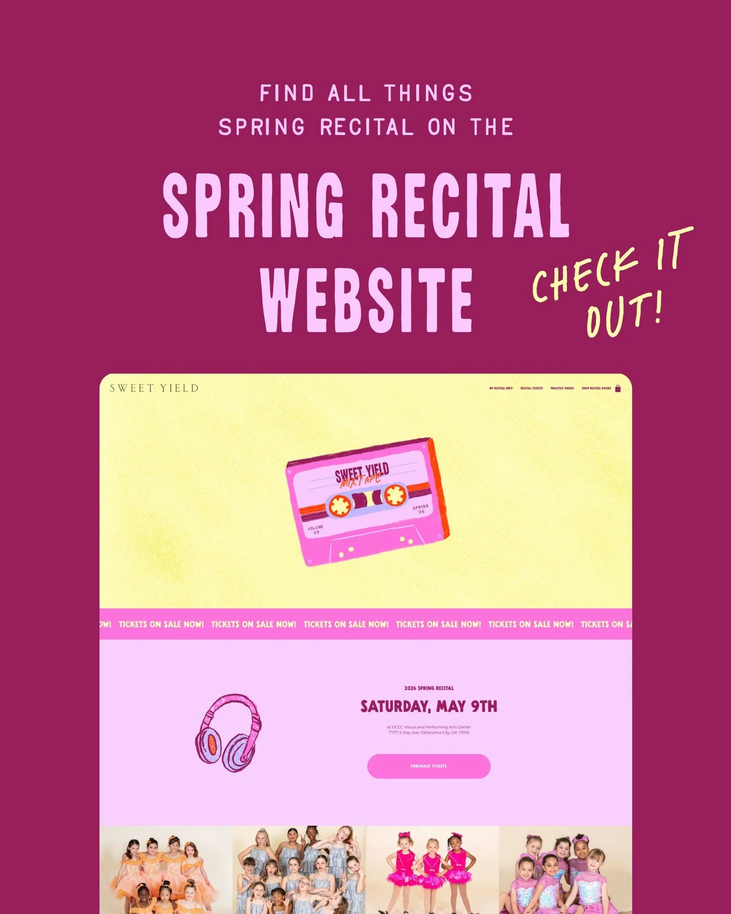 Our 2026 Spring Recital Website has everything you need to get recital-ready in one place 👇⁠
⁠
🔍 Find your Dancer&rsquo;s Show⁠
🎟️ Grab your Recital Tickets⁠
💕 Learn about Recital Sitters⁠
📘 Explore the Field Guide⁠
🩰 Watch Recital Practice Vid