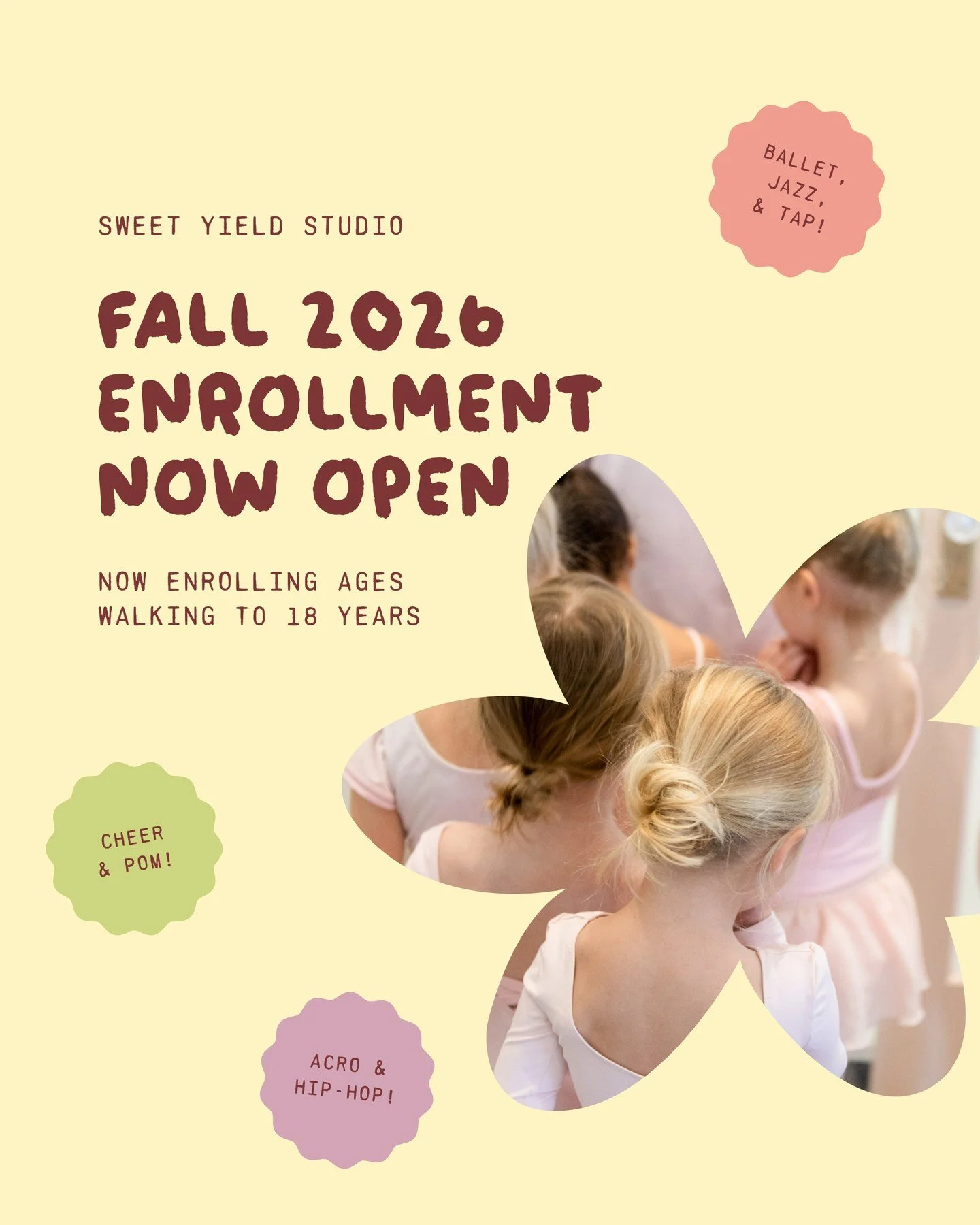 Fall Enrollment at Sweet Yield Studio is OPEN! 🩰⁠ When you enroll by May 16th, you&rsquo;ll unlock these Priority Perks:⁠
⁠
🤩 $30 Off Your Registration Fee⁠
🎉 Entry to Win a Sweet Yield Gift Card⁠
⁠
Whether you&rsquo;re new to the studio or return