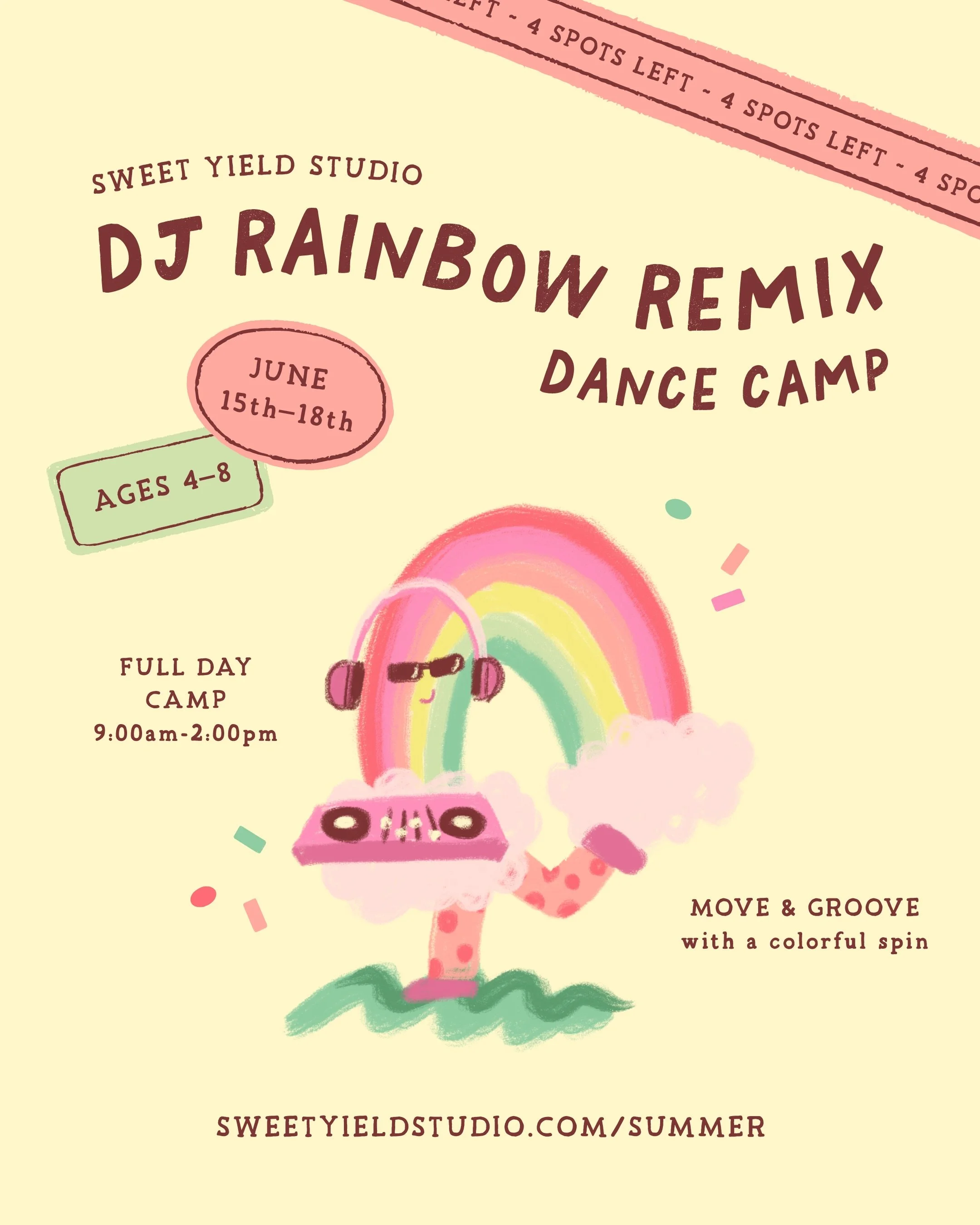 4 spots left! 

Step into a world where rhythm, color, and imagination come to life. 🌈🎧✨⁠
⁠
At DJ Rainbow Remix Dance Camp, dancers turn up the music and let the rainbow lead the way. Each day brings a new colorful theme as campers explore groovy c