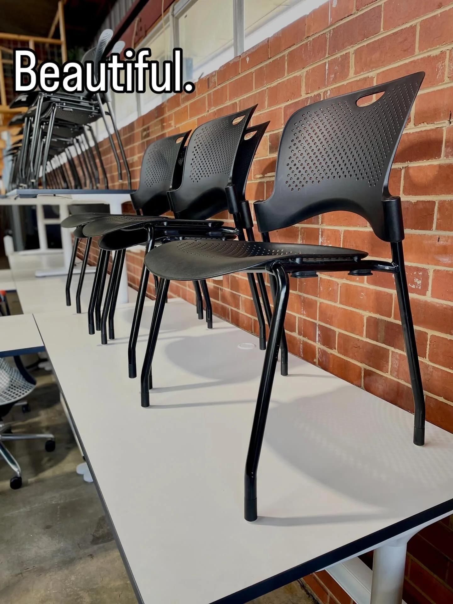 Herman Miller Caper stackable chairs.
Beautiful enough to sit behind the counter at some of the country&rsquo;s more prestigious showrooms.
Nearly unkillable in real life.
We use ours as workshop chairs and in the lunchroom. They&rsquo;ve been throug