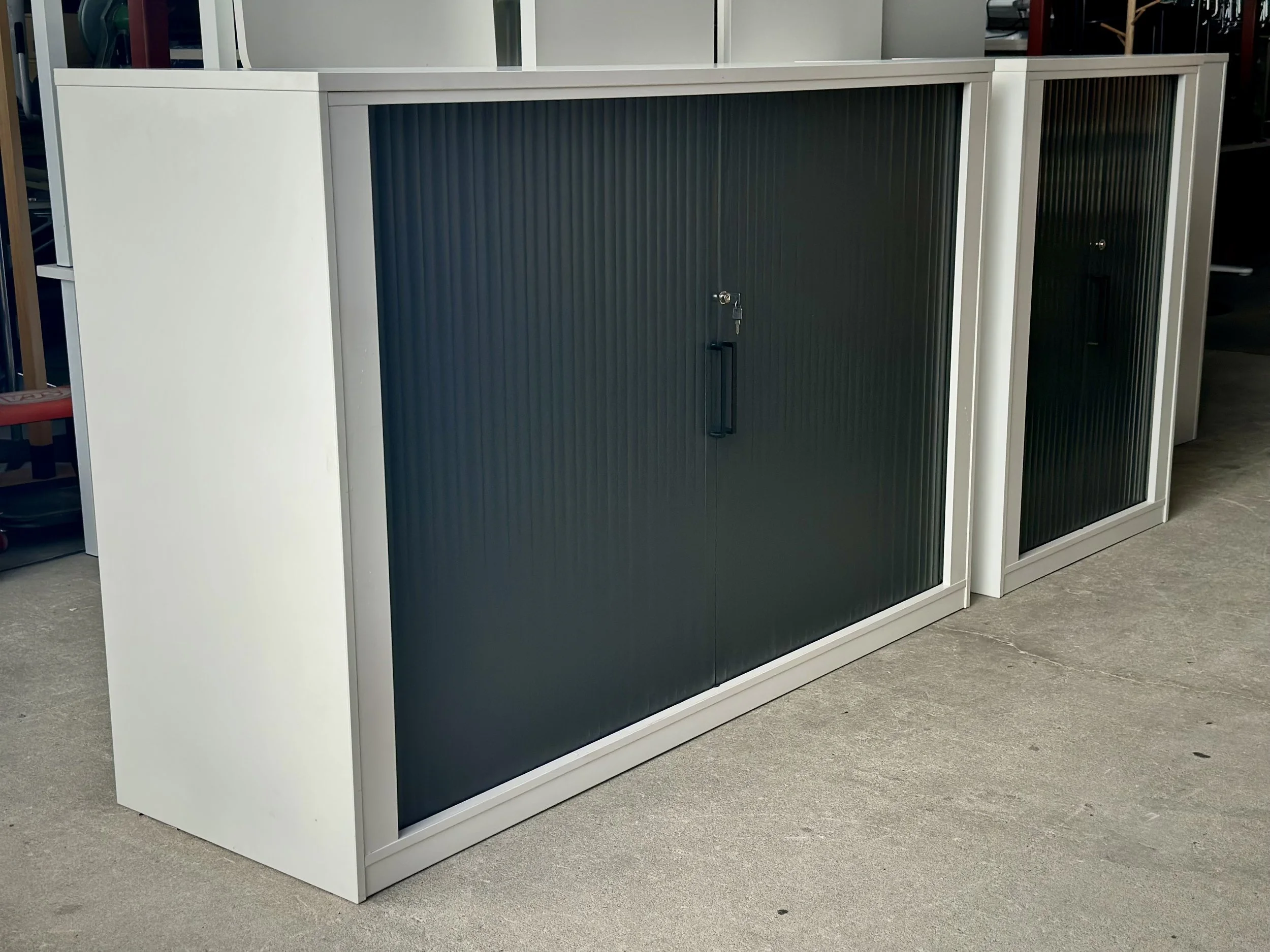 Melamine Tambour Storage Cabinet – White &amp; Charcoal