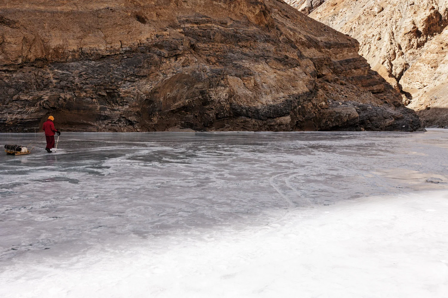 Ladakh. The Zanskar river during winter is frozen. It is the only way back to the capital from the valley of Zanskar.