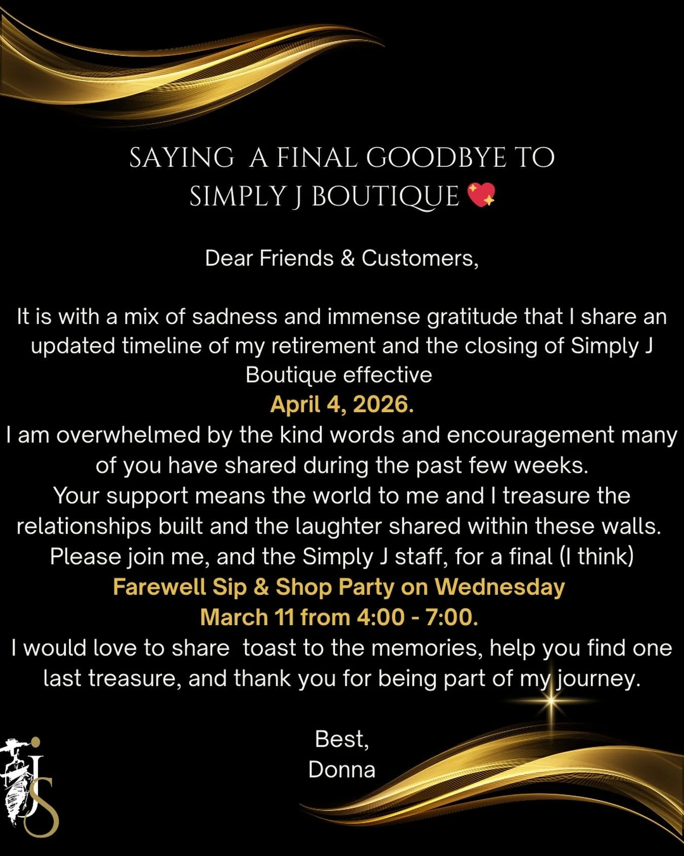 I am beyond grateful for the response to our Retirement Sale and all the kind words and well wishes! Please join us Wednesday evening as we toast the future. And guess who is moving into Simply J&rsquo;s spot on W Caracas Ave? Stayed tuned&hellip;
.
