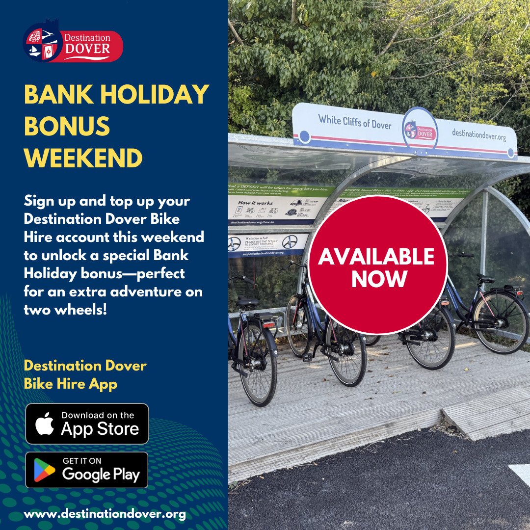 Top Up &amp; Ride Out &ndash; Bank Holiday Bonus!

Sign up and top up your Destination Dover Bike Hire account this weekend to unlock a special Bank Holiday bonus&mdash;perfect for an extra adventure on two wheels!

Stations Available at: Dover Prior