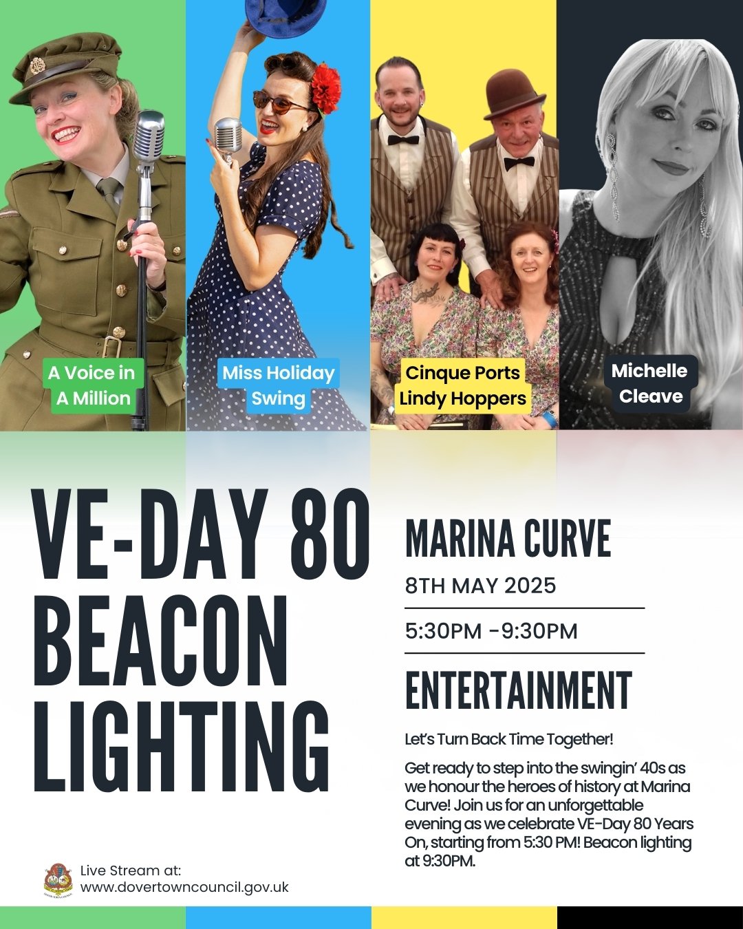 Join Us for the VE Day 80th Anniversary Celebrations

Thursday, 8 May | 5:30 PM &ndash; 9:30 PM
Dover Marina Curve, Breakwater

Come together to mark 80 years since VE Day with an evening of entertainment, live music, dancing, and a free poppy painti