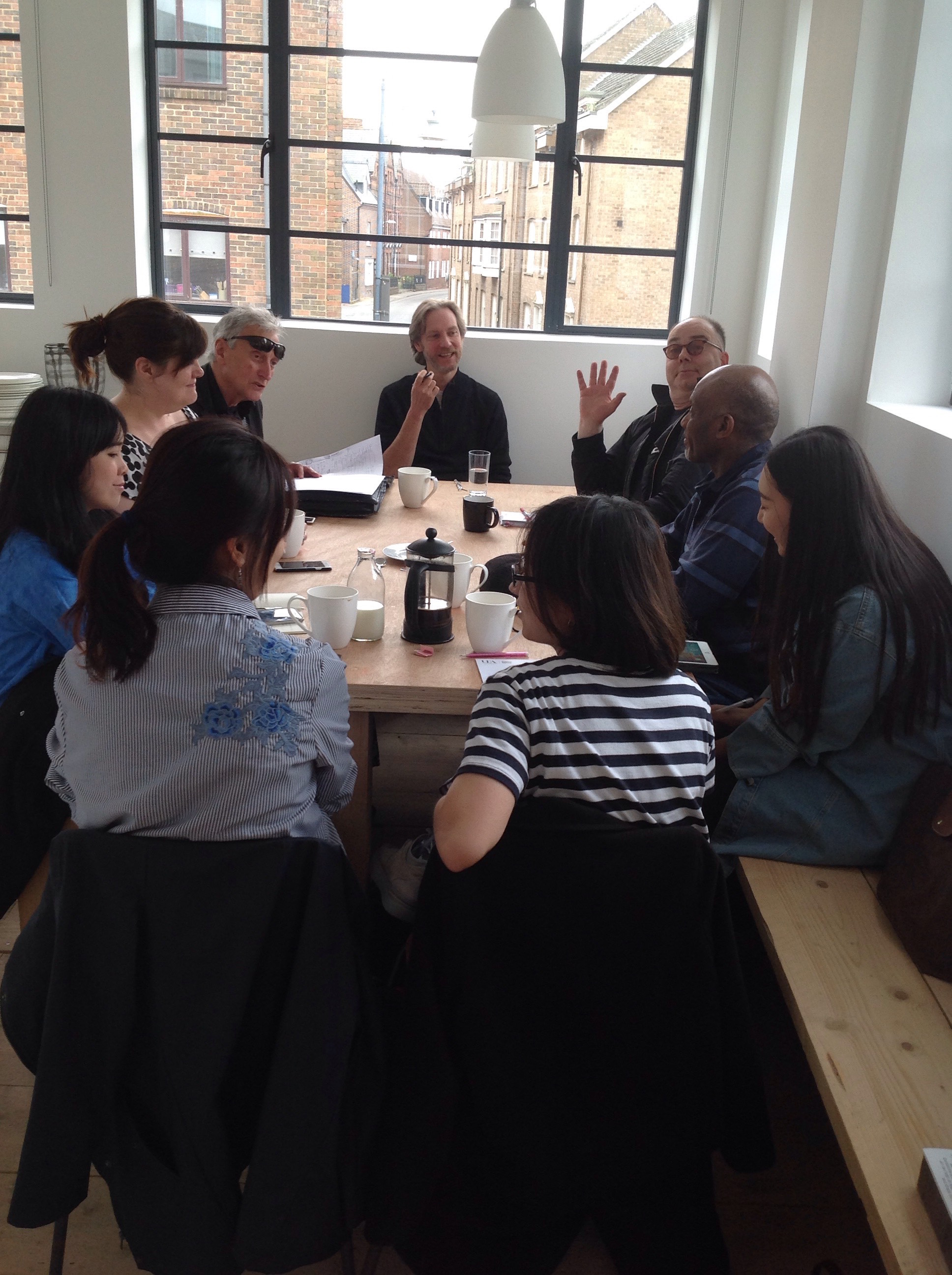 Small group seminars and teaching in the GroundWork's upstairs living room. Discussion over coffee with Creative Entrepreneurship students from UEA, with Roy Brooks of Gilded Splinters