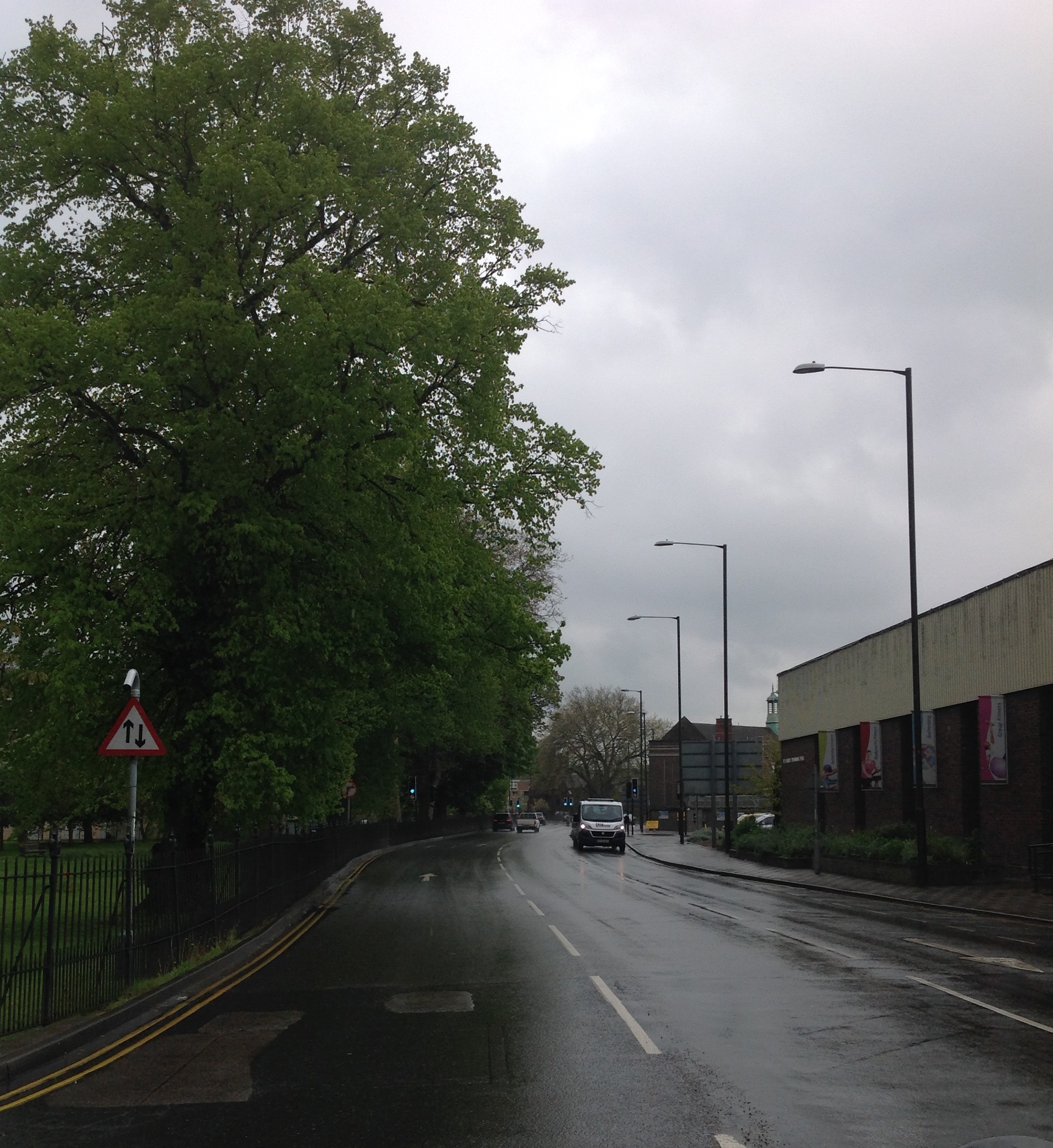 Trees at the edge of the town park soften the edge of the one-way road carrying traffic around the inner ring road.