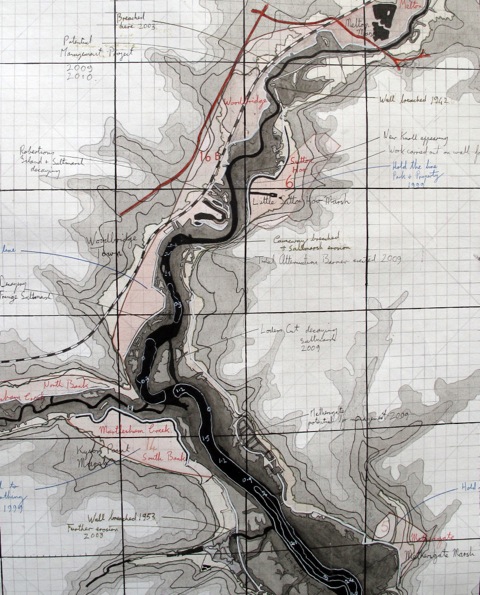 This drawing is part of a sequence of works reimagining the estuary landscape in the light of various futures as a consequence of climate change.