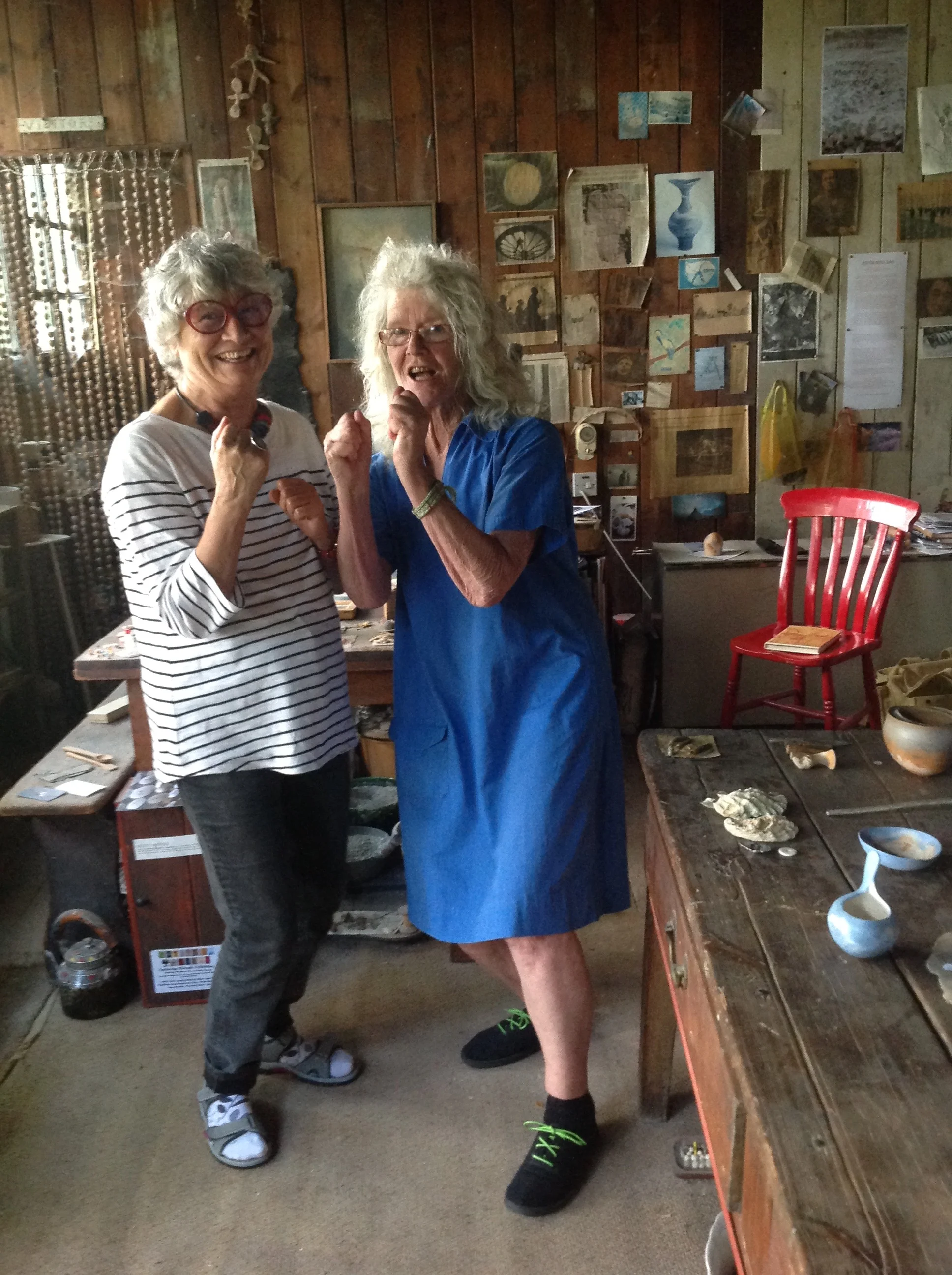 Paca Sanchez, left and Elspeth Owen meeting in Elspeth’s studio, summer 2018, and realising they are the same age,.
