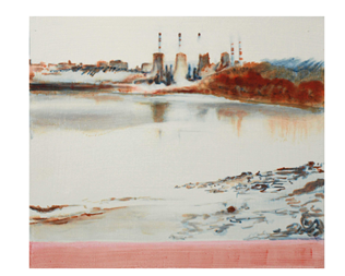 Sophie Marritt, Great Ouse 1, Watercolour and pencil on paper. Sophie Marritt has painted a series of haunting and delicate pictures of the local watery area around King's Lynn and the Wash, reflecting on the proximities of industry and open landscape.