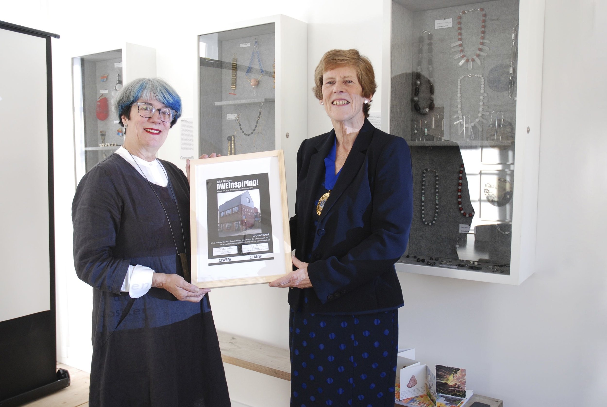 Award-winning gallery: Dr Veronica Sekules, Director of GroundWork Gallery receiving the Nick Reeves Award from Angela Gray, President of CIWEM