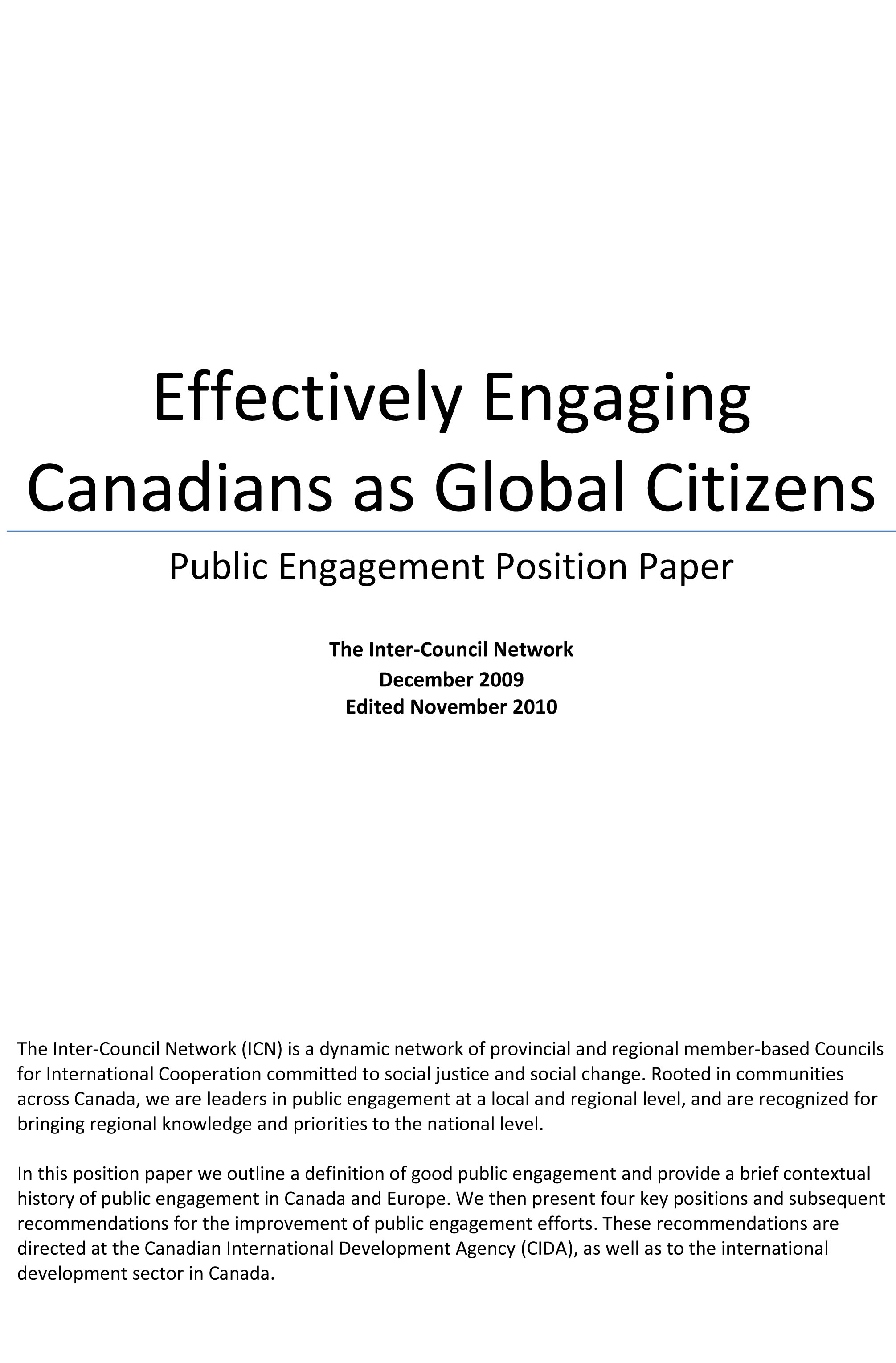 Effectively Engaging Canadians as Global Citizens: Public Engagement Position Paper
