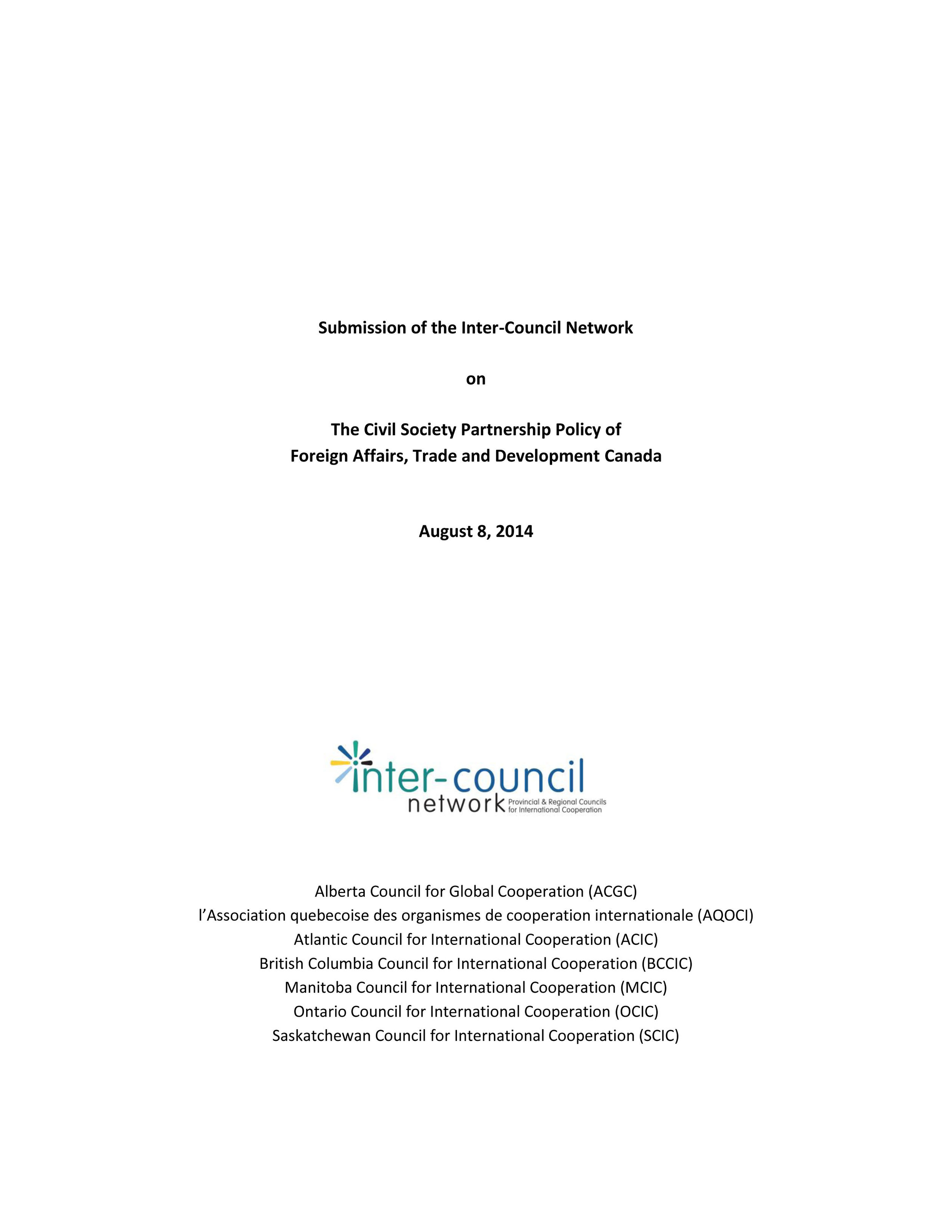 ICN's Submission to Global Affairs Canada regarding the Civil Society Partnership Policy, August 2014