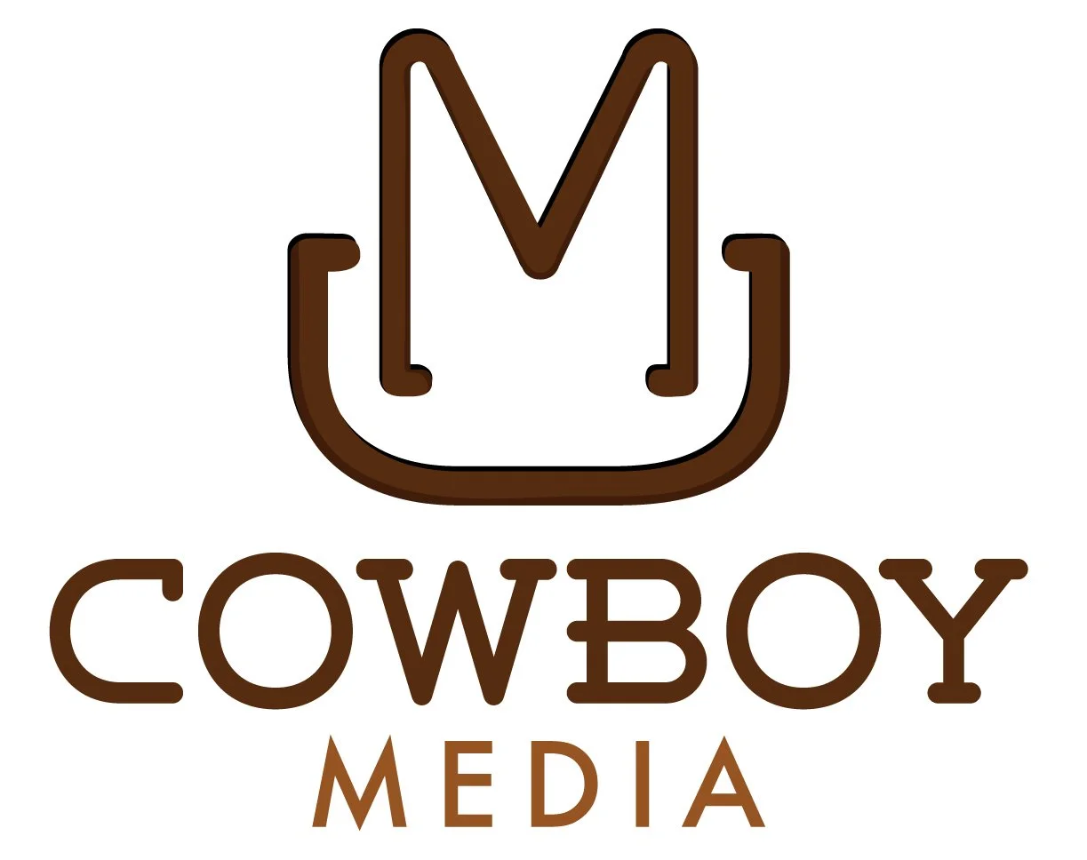 Cowboy Media logo featuring a stylized cowboy hat outline with a 'M' inside and the text 'Cowboy Media' below, in brown tones.