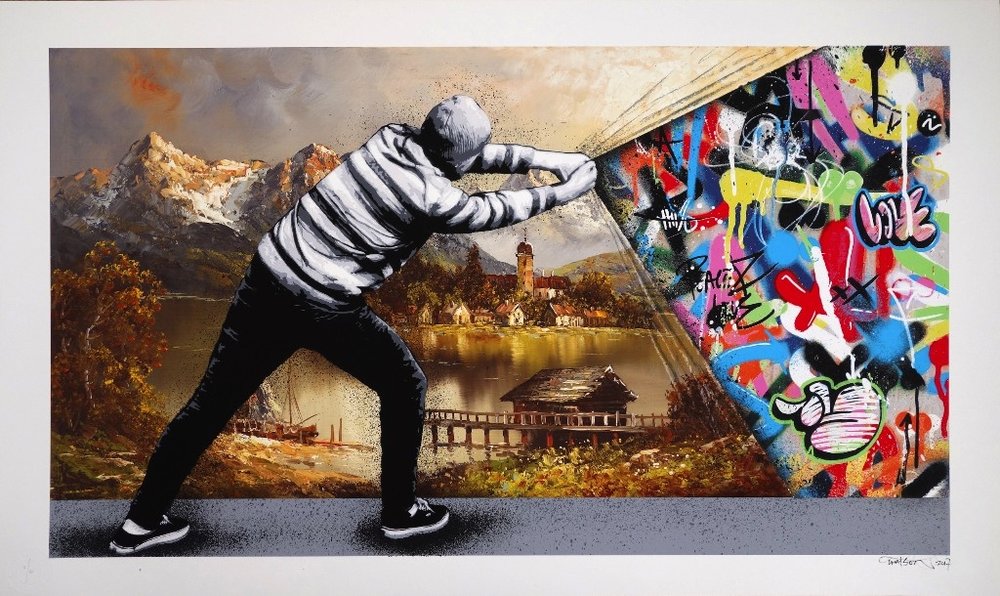 Poster for Sale avec l'œuvre « Derrière le rideau - Martin Whatson -  Pochoir moderne Graffiti Art urbain » de l'artiste Teecha