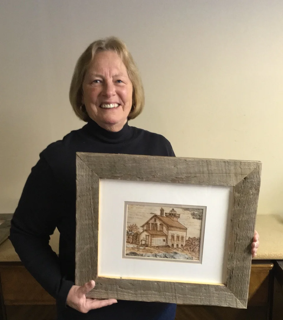 "Art on Bark"  featuring original images by Jewel Lee Grandy created by woodburning onto birch bark.