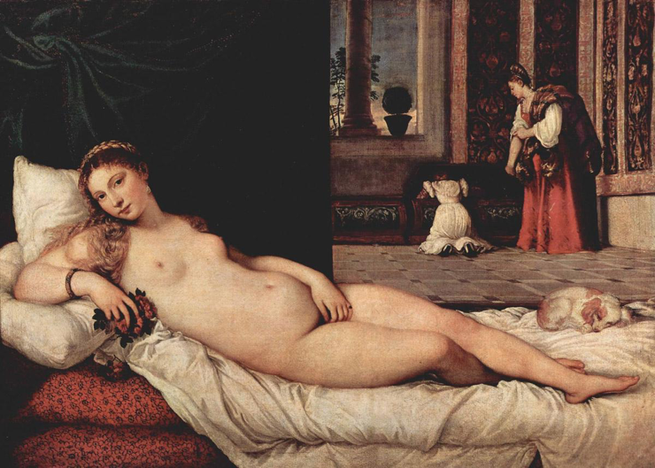 Venus of Urbino, Titian, 1538, oil on canvas, Galleria degli Uffizi, Florence, Italy
