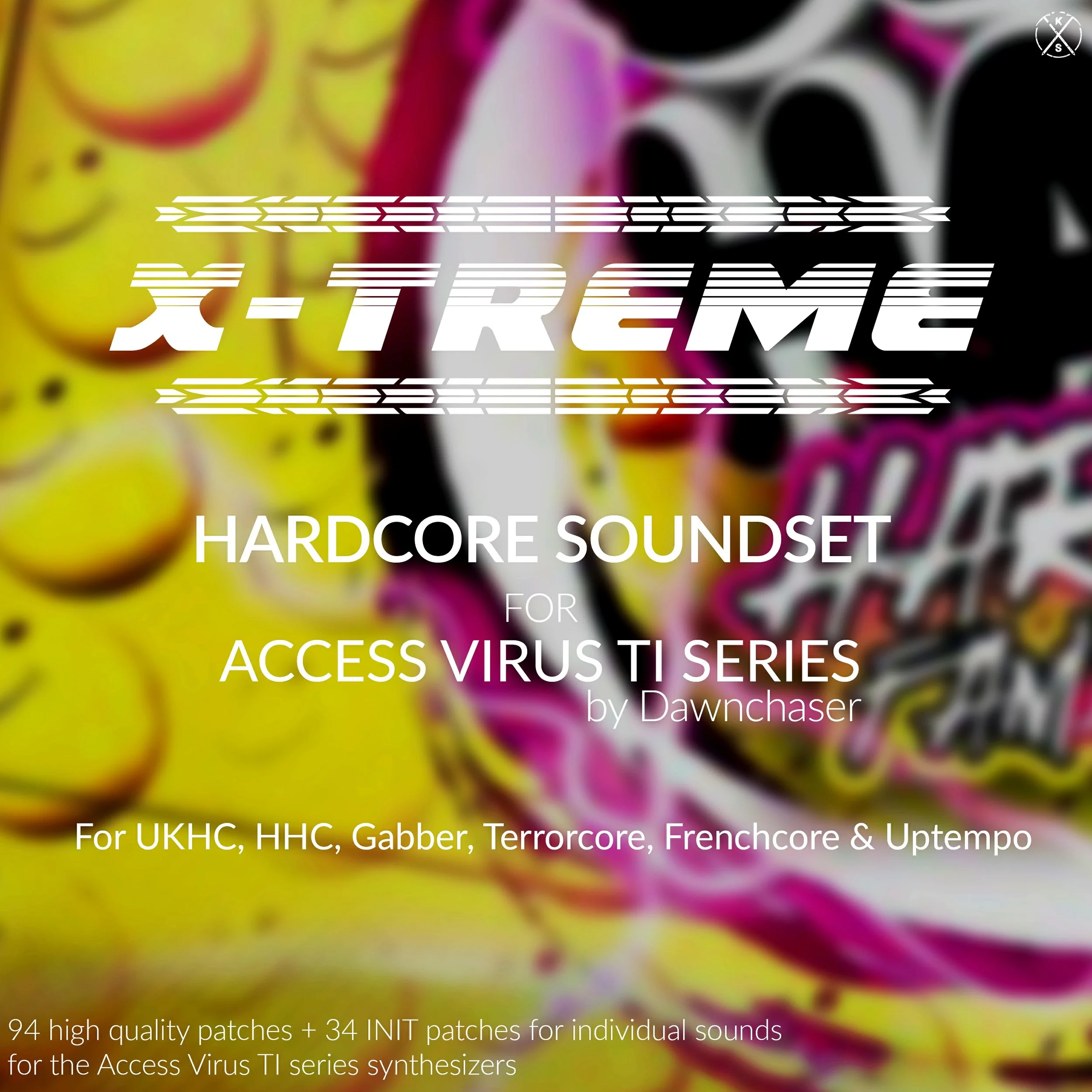94 high-octane UK Hardcore, Happy Hardcore, Terrorcore, Frenchcore, Gabber, and Uptempo presets for Access Virus TI series & OsTIrus