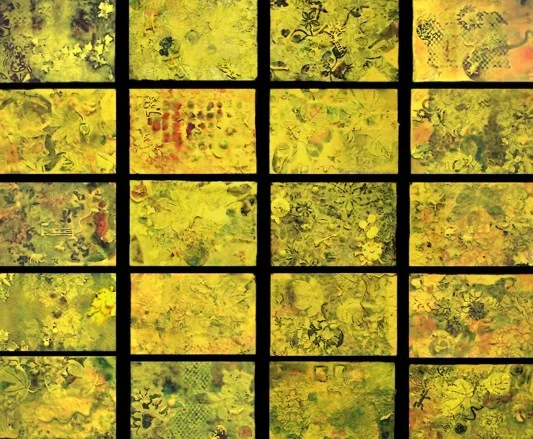   Yellow Wallpaper: Centrepiece , polyptych, encaustic on paper, 20 panels, each 15" x 22". 
