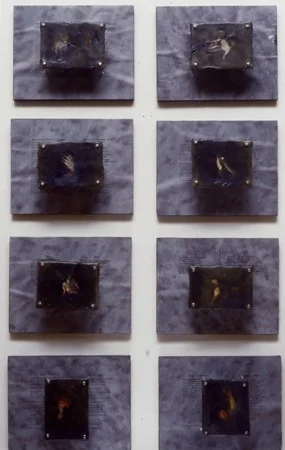   Angelic Colloquy,  Installation, burnt and waxed photo on reprography on board with screws, each panel: 8.5" x 11".&nbsp; 