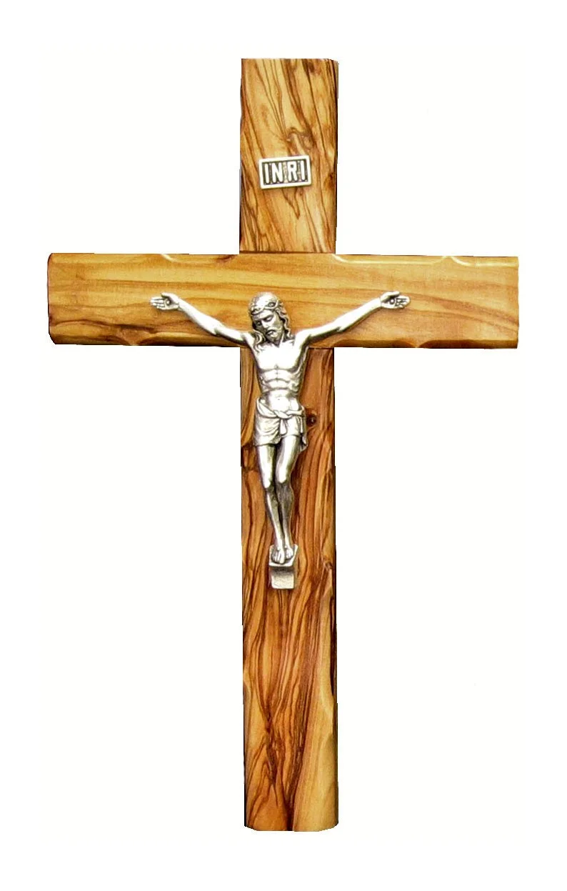 Olive wood Cross with silver plated corpus - 20 cm.